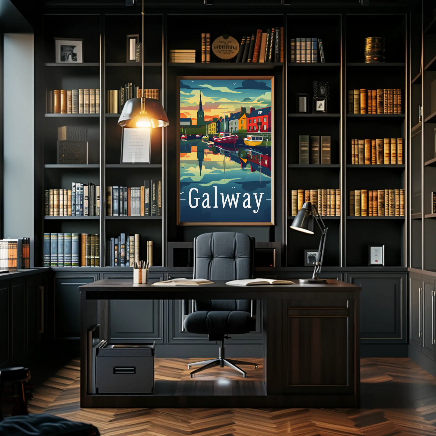 Evening Harbor Scene Galway Ireland Travel Poster