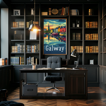 Evening Harbor Scene Galway Ireland Travel Poster