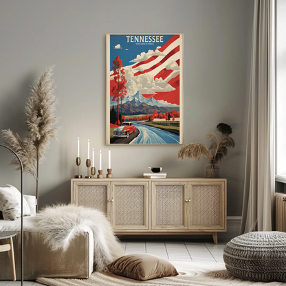 Tennessee Mountains Road Classic Car Vintage Travel Poster