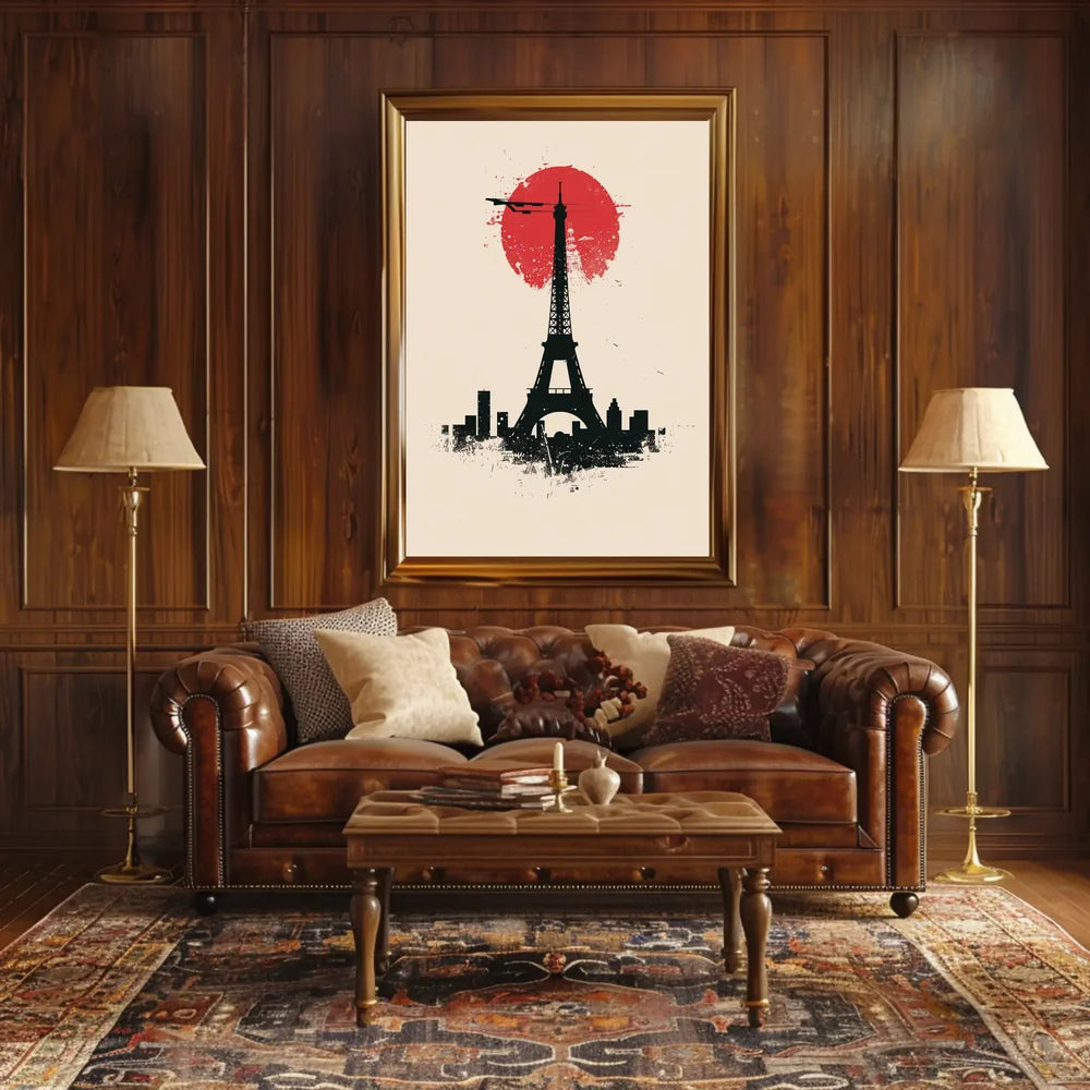The poster features a stylized depiction of the Eiffel Tower in silhouette against Travel Poster