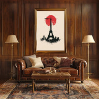 The poster features a stylized depiction of the Eiffel Tower in silhouette against Travel Poster