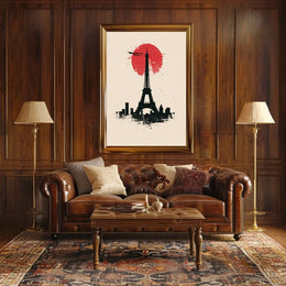 The poster features a stylized depiction of the Eiffel Tower in silhouette against Travel Poster