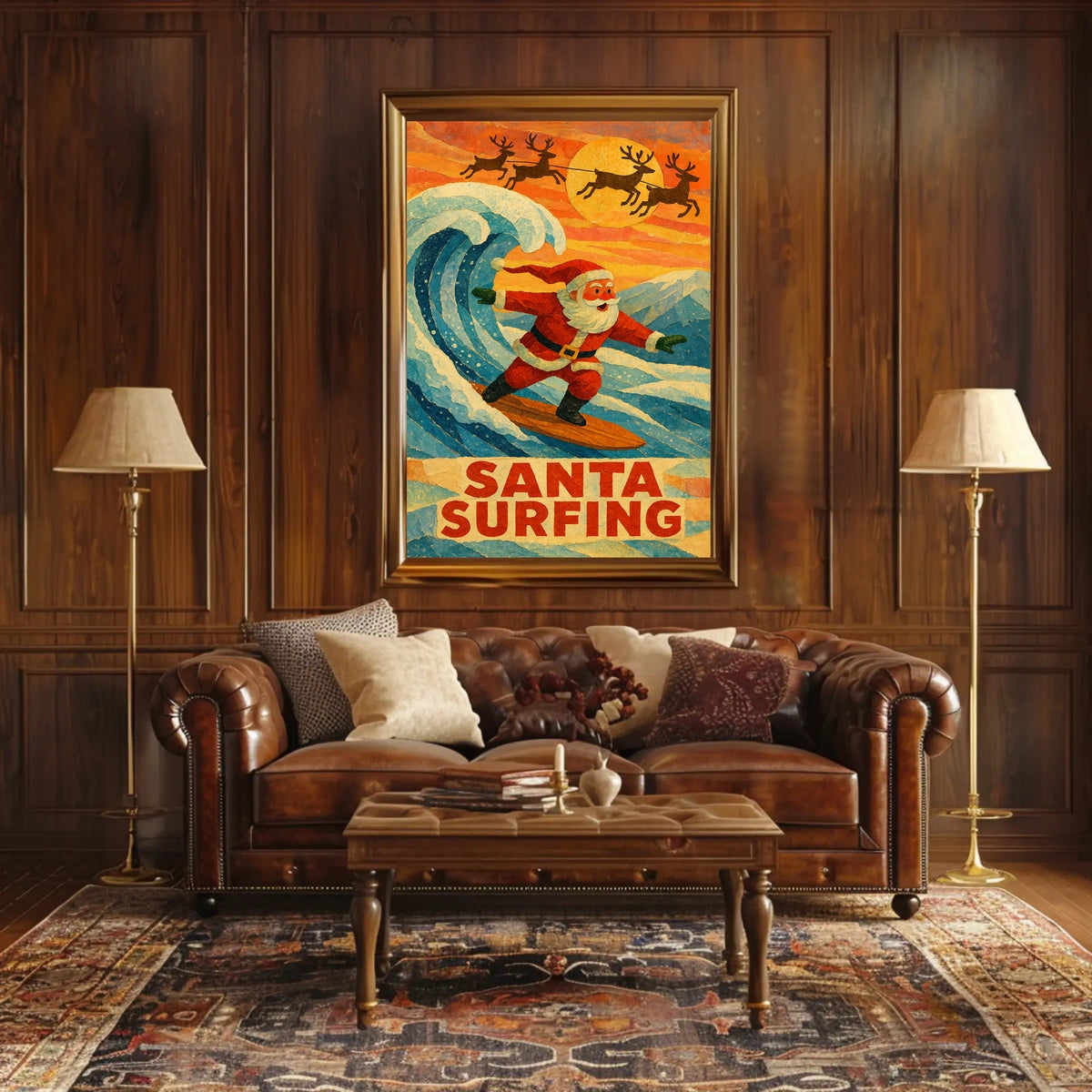 Santa Surfing Vintage Holiday Beach Art Poster