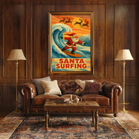 Santa Surfing Vintage Holiday Beach Art Poster