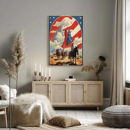 Texas Cowboys Horses Flag Desert Vintage Travel Poster