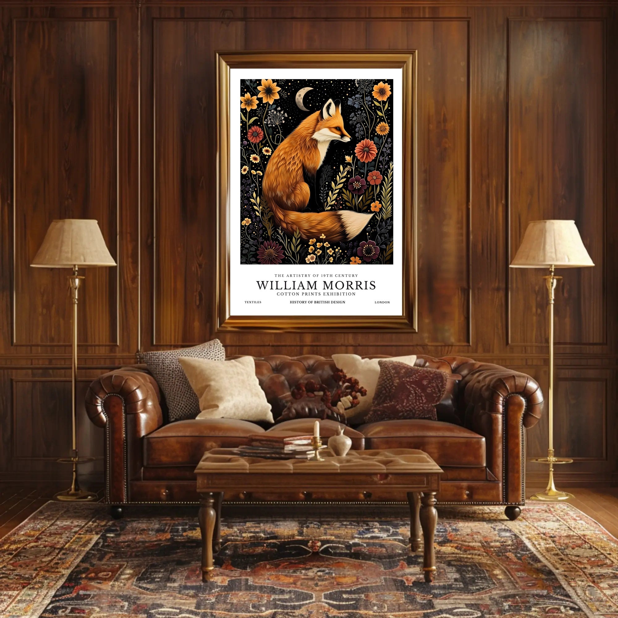 Fox and Floral Elegance Under Moonlit Night: Artistic Poster