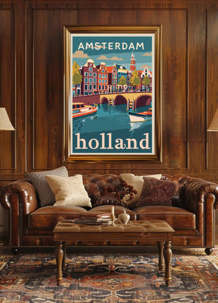 Amsterdam Canal Houses Scenic Vintage Travel Poster