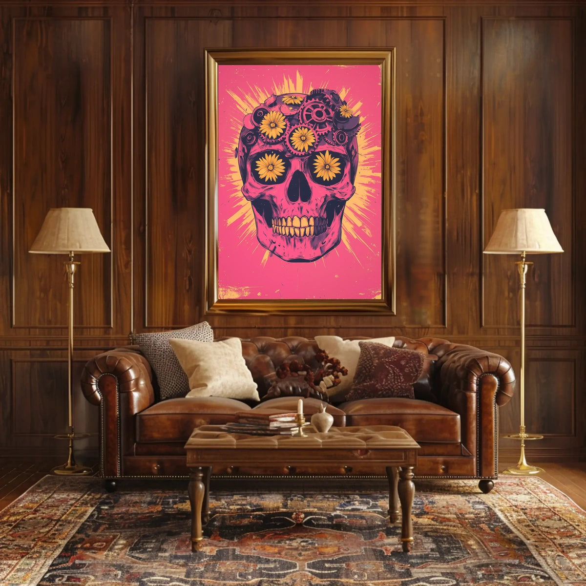 Pink Skull Surreal Flowers Gears Poster