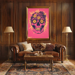 Pink Skull Surreal Flowers Gears Poster