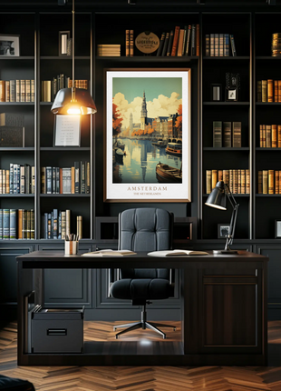 Amsterdam Netherlands Canal Autumn Reflections Travel Poster