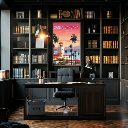 Santa Barbara California Palm Coast Sunset Travel Poster