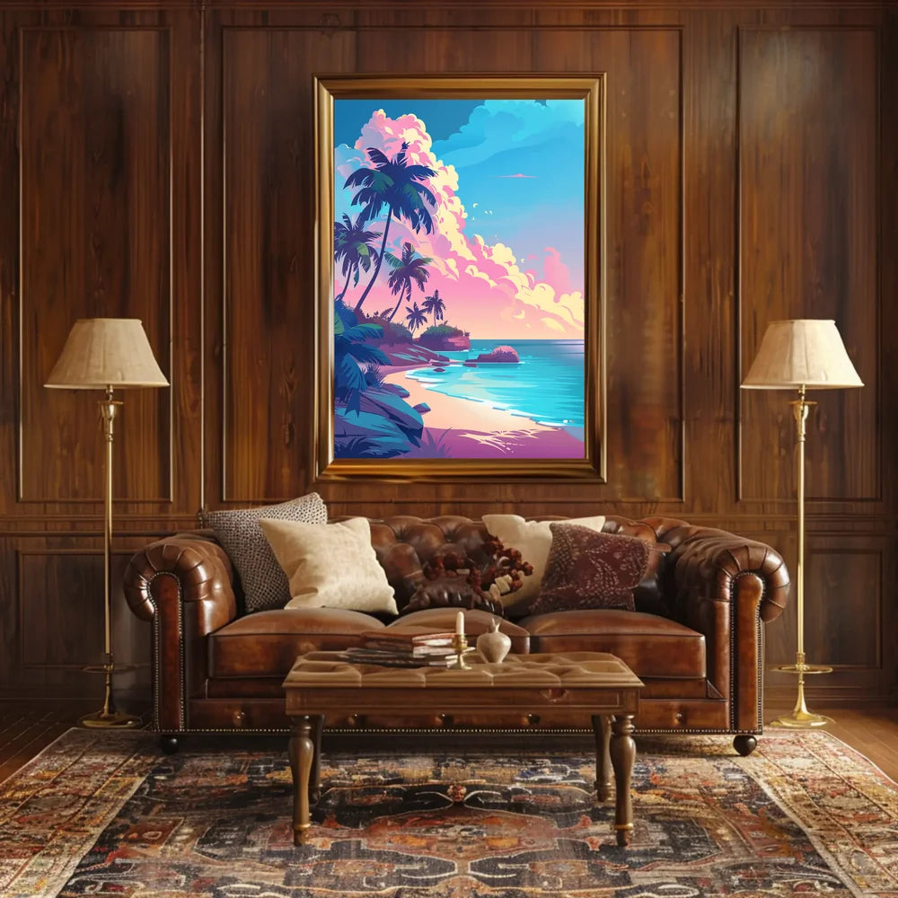 Tropical Sunset Beach Scene Art Poster
