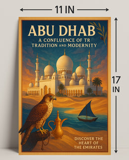 Abu Dhabi's Majestic Mosque and Falcon Cultural Poster