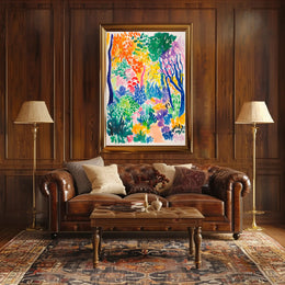 The poster depicts a vibrant and colorful landscape, likely representing a lush forest Travel Poster