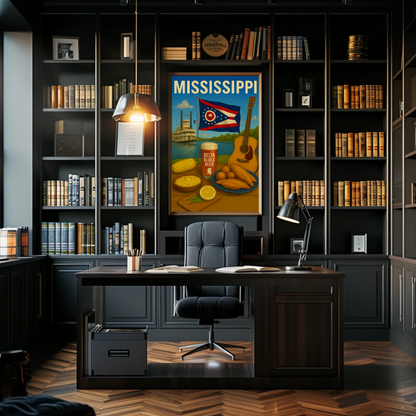 Mississippi River Guitar Beer Catfish Corn Flag Travel Poster