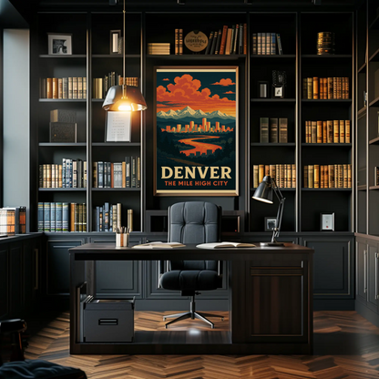 Denver Colorado Sunset Skyline Mountains Travel Poster