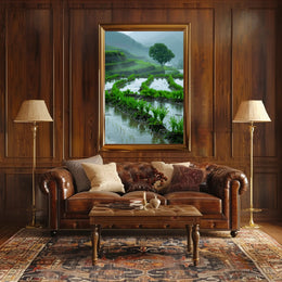Peaceful Terraced Rice Paddies in Rainy Rural Landscape Poster PosterGoat