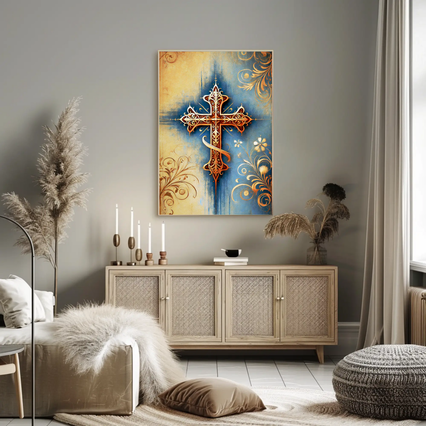 Gothic Blue Gold Cross Ornament Vintage Travel Poster