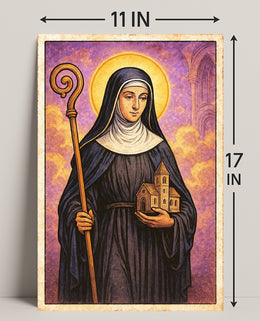 Saintly Figure with Church Model Poster PosterGoat