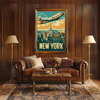 New York Skyline with Airplane Travel Poster