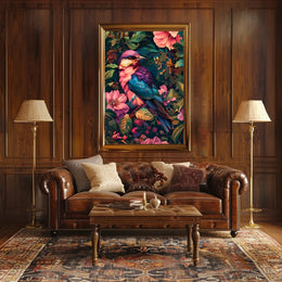 Vibrant Blue Pink Bird Perched Among Tropical Flora Poster