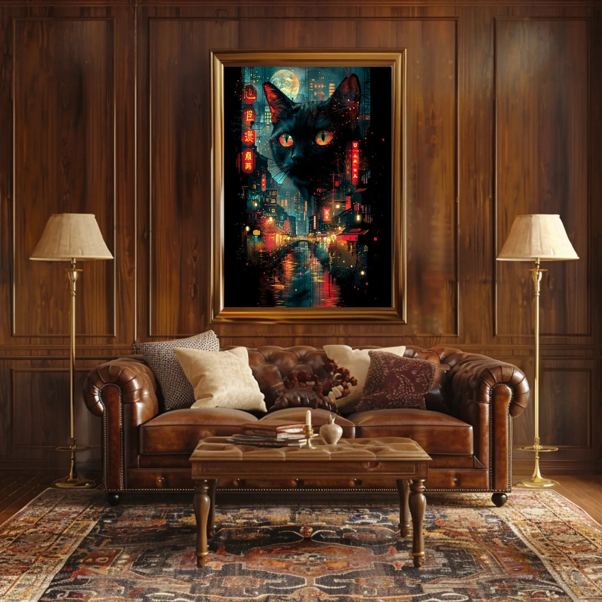 Surreal Cityscape Poster with Floating Black Cat