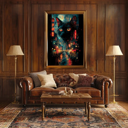 Surreal Cityscape Poster with Floating Black Cat