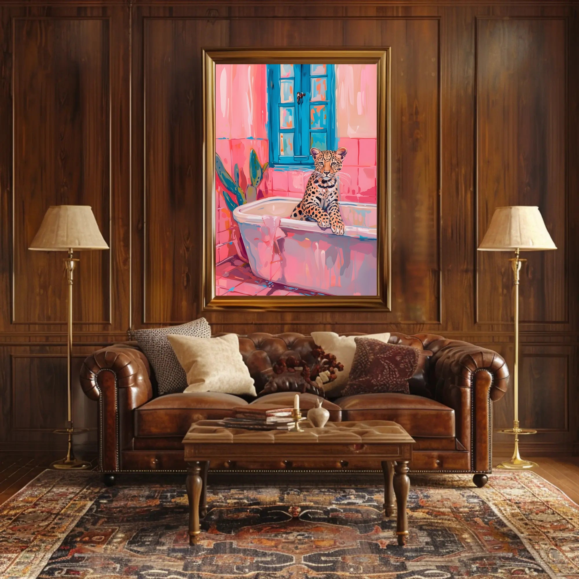 Leopard Bathtub Art Print for Animal Poster PosterGoat
