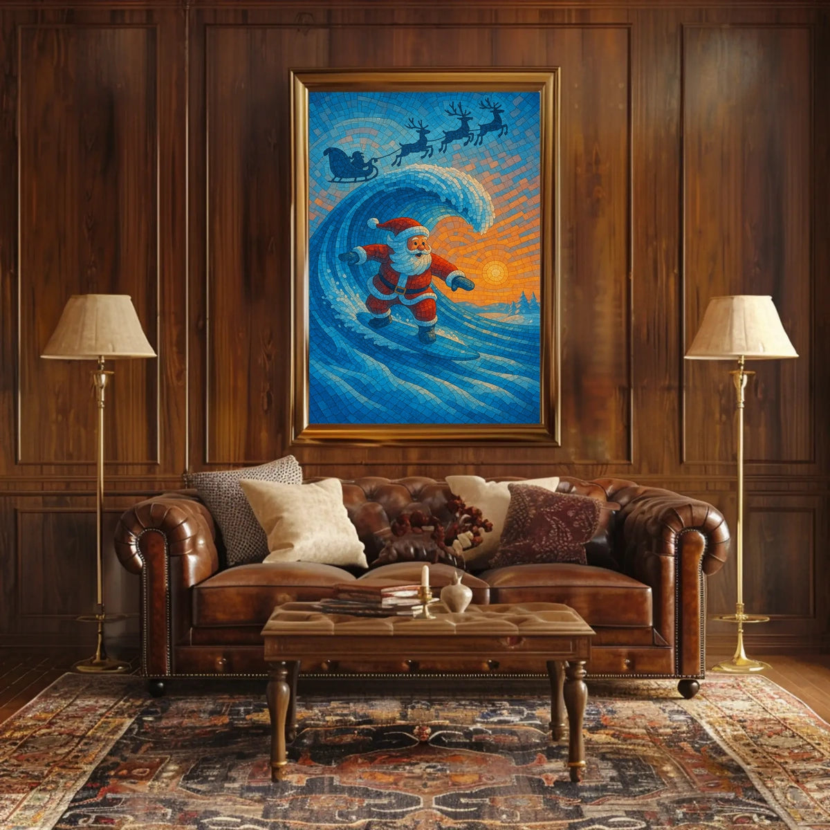 Santa Surfing Christmas Mosaic Poster: Festive Fusion