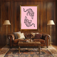 Stylized Black Ink Tigers on Pink Artistic Poster PosterGoat