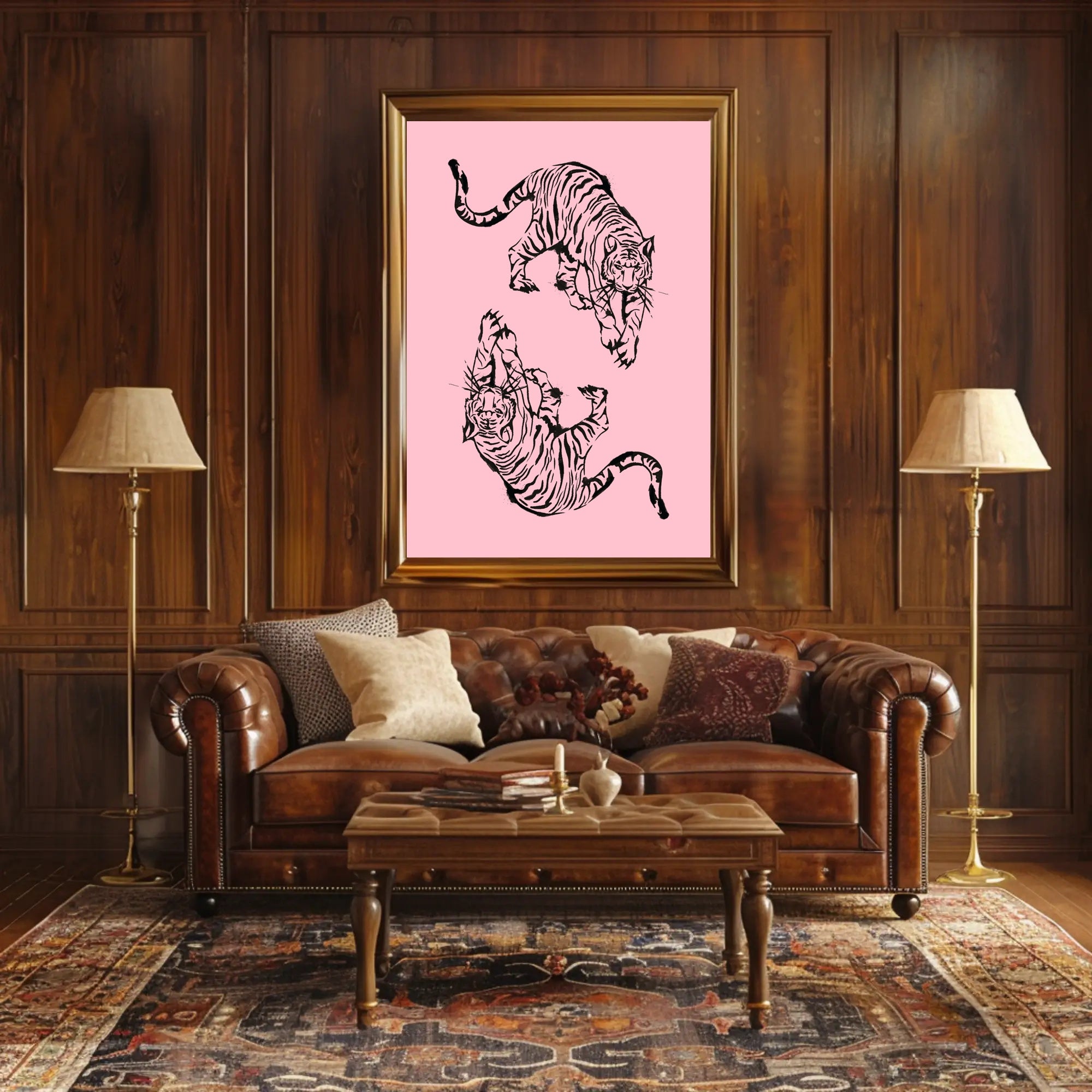 Stylized Black Ink Tigers on Pink Artistic Poster PosterGoat