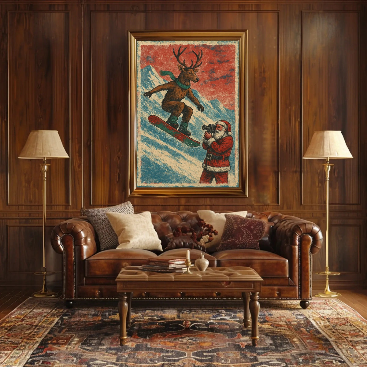 Whimsical Reindeer Snowboarding Vintage Christmas Poster