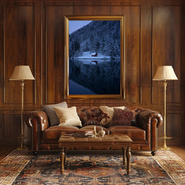 Tranquil Winter Scene with Snowy Cabin National Park Poster