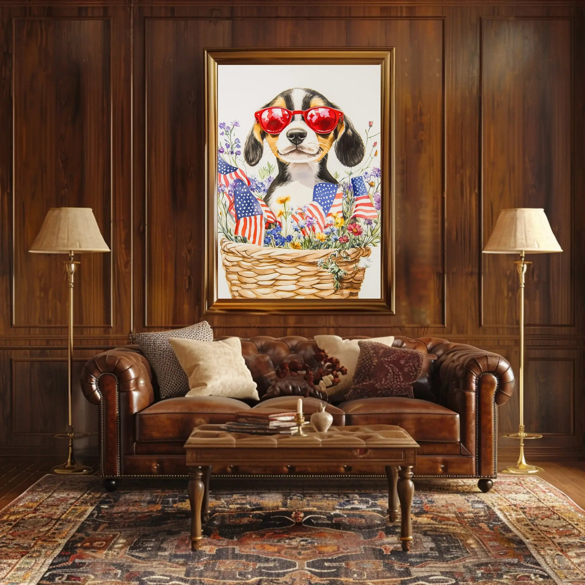 Beagle Puppy With Red Sunglasses In Floral Basket Poster