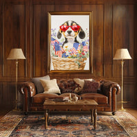 Beagle Puppy With Red Sunglasses In Floral Basket Poster