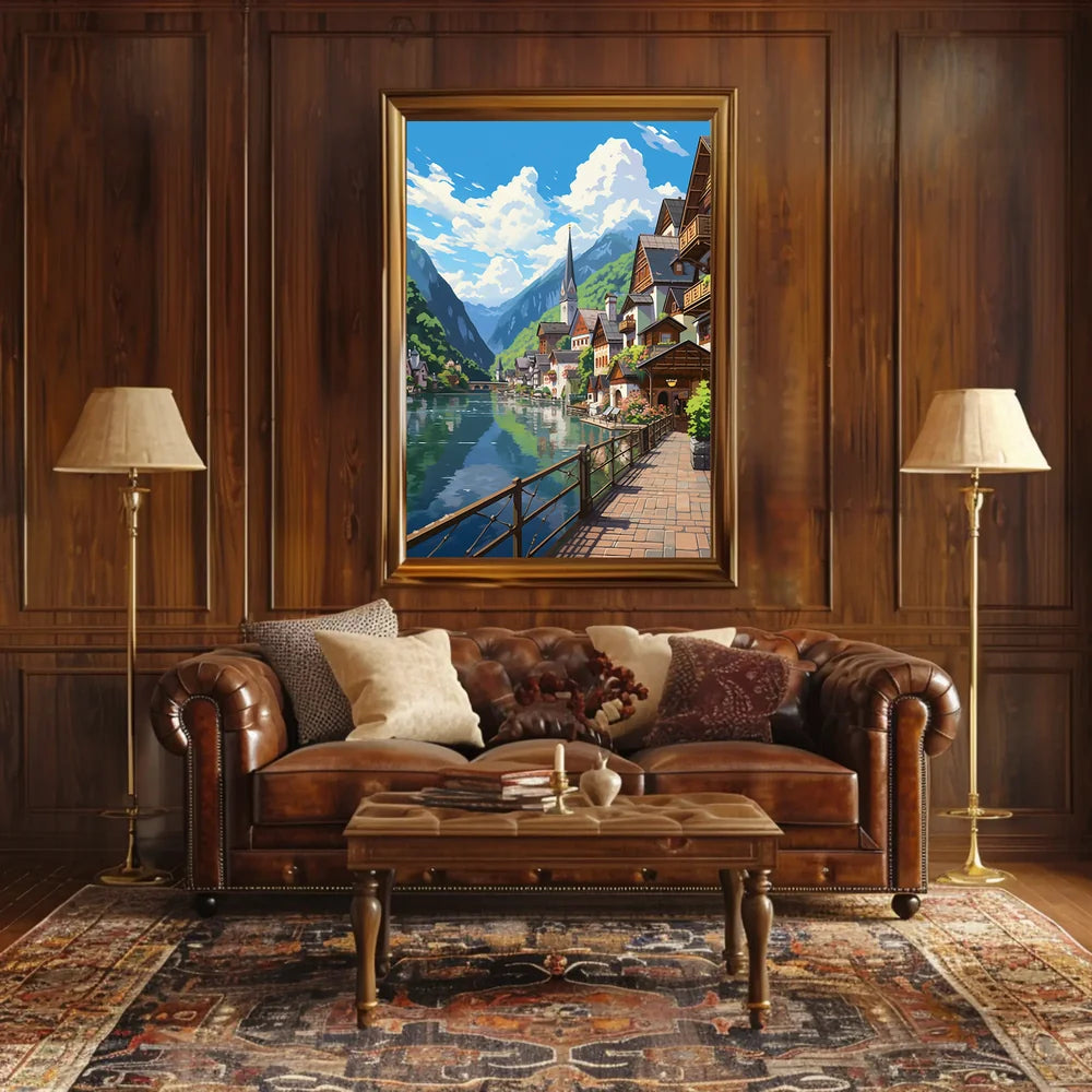Picturesque European Lakeside Village Art Poster