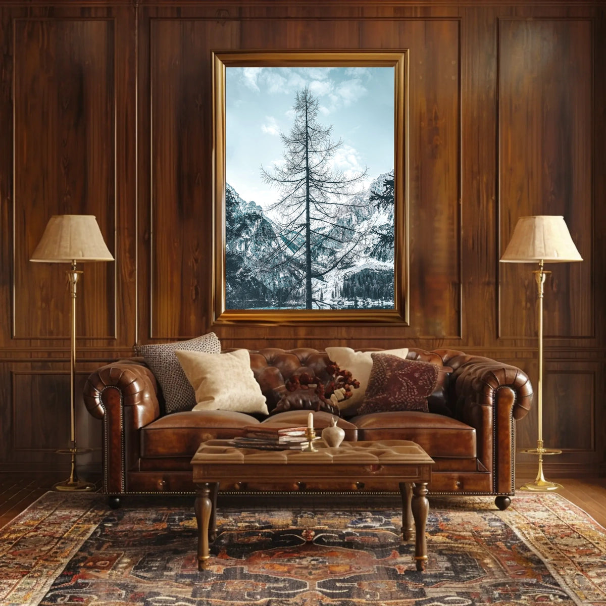 Majestic Winter Tree Against Mountain Landscape Poster