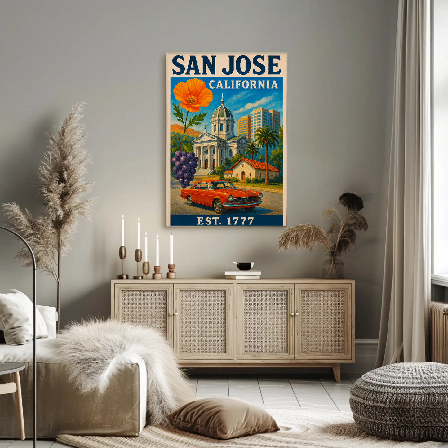 San Jose California Church Grapes Car Vintage Travel Poster