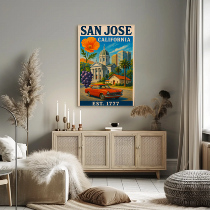 San Jose California Church Grapes Car Vintage Travel Poster
