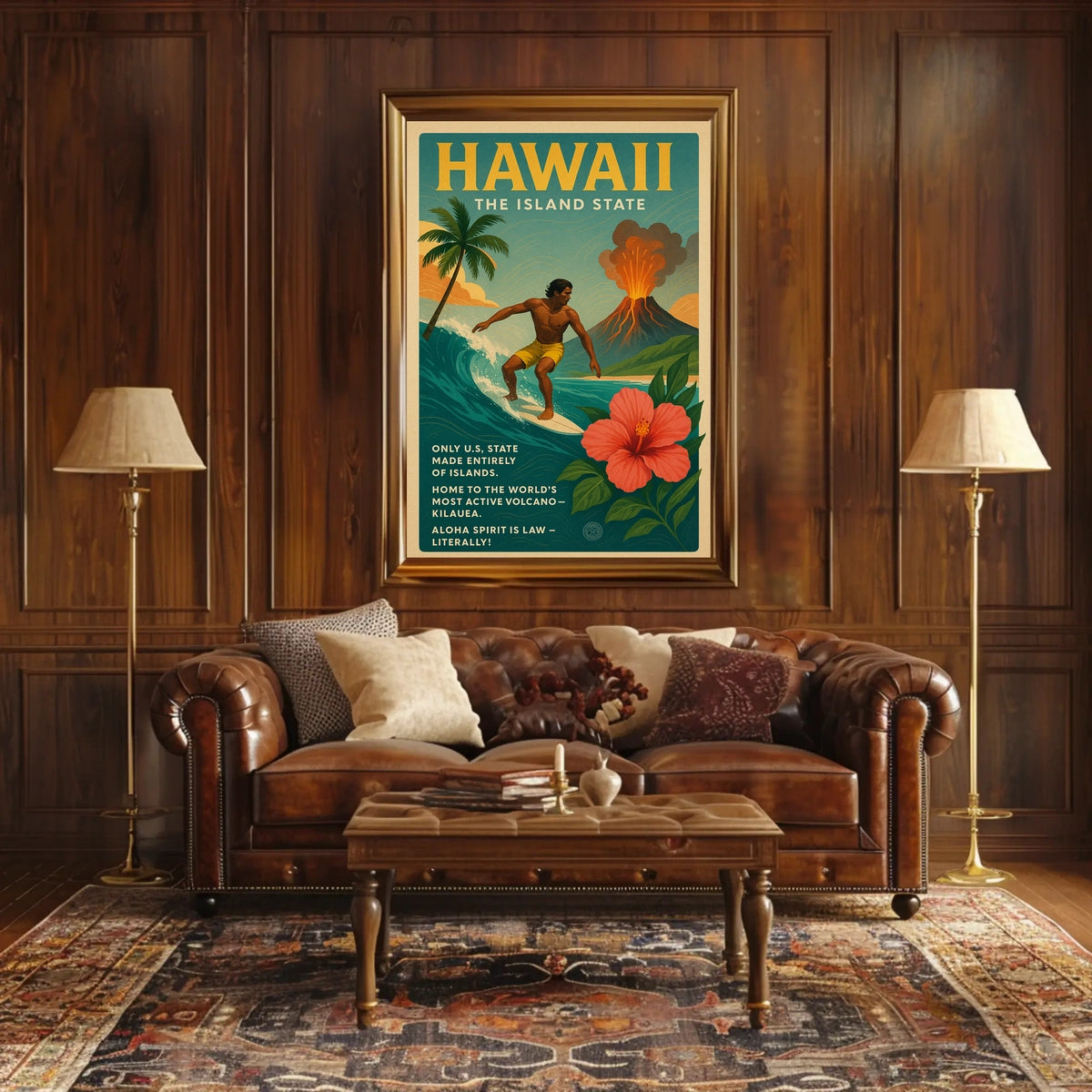 Hawaii Adventure Vintage Travel Poster: Surfing & Volcano