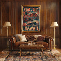 Pearl City Hawaii Nostalgic Cultural Heritage Travel Landscape Watercolor Vintage Retro Poster