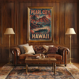 Pearl City Hawaii Nostalgic Cultural Heritage Travel Landscape Watercolor Vintage Retro Poster