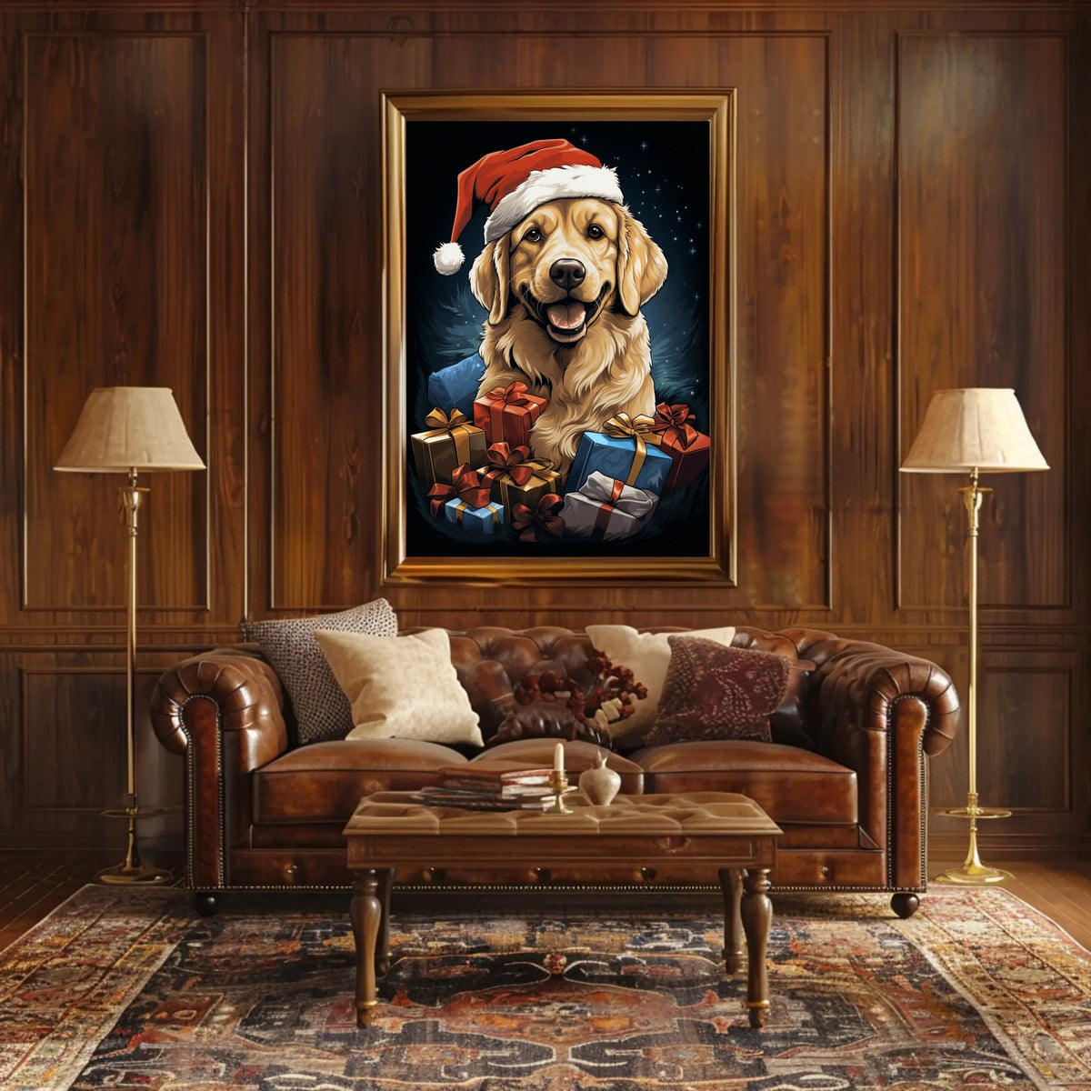 Golden Retriever Christmas Poster with Santa Hat