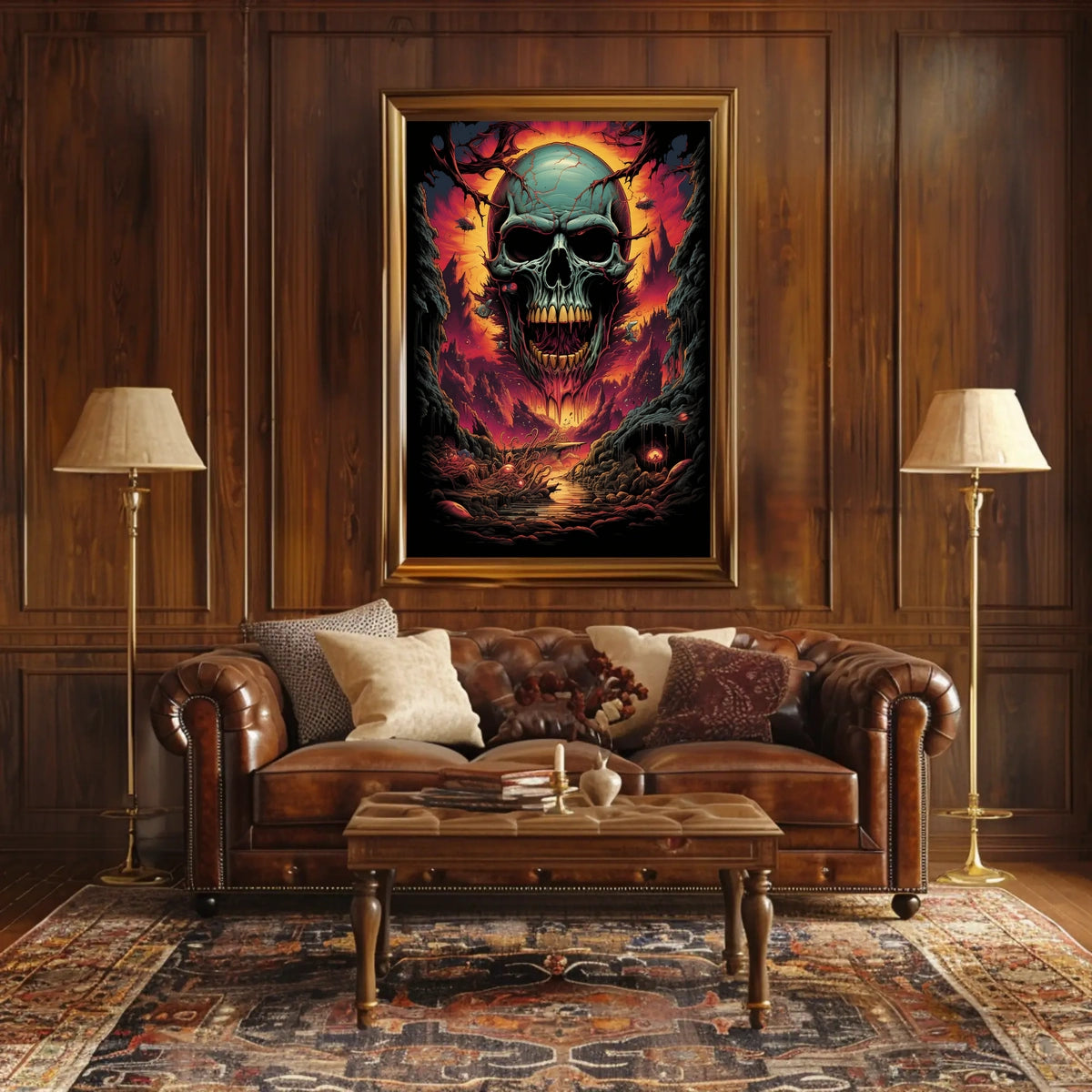 Eerie Skull Over Fiery Alien Landscape Poster
