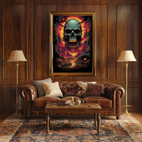 Eerie Skull Over Fiery Alien Landscape Poster