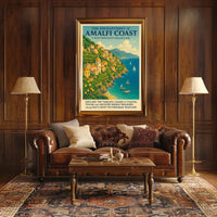Amalfi Coast Vintage Travel Poster: Italian Seaside Charm