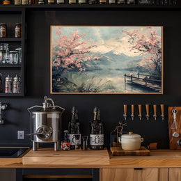 Serene Cherry Blossom Lake: Japanese Impressionist Poster