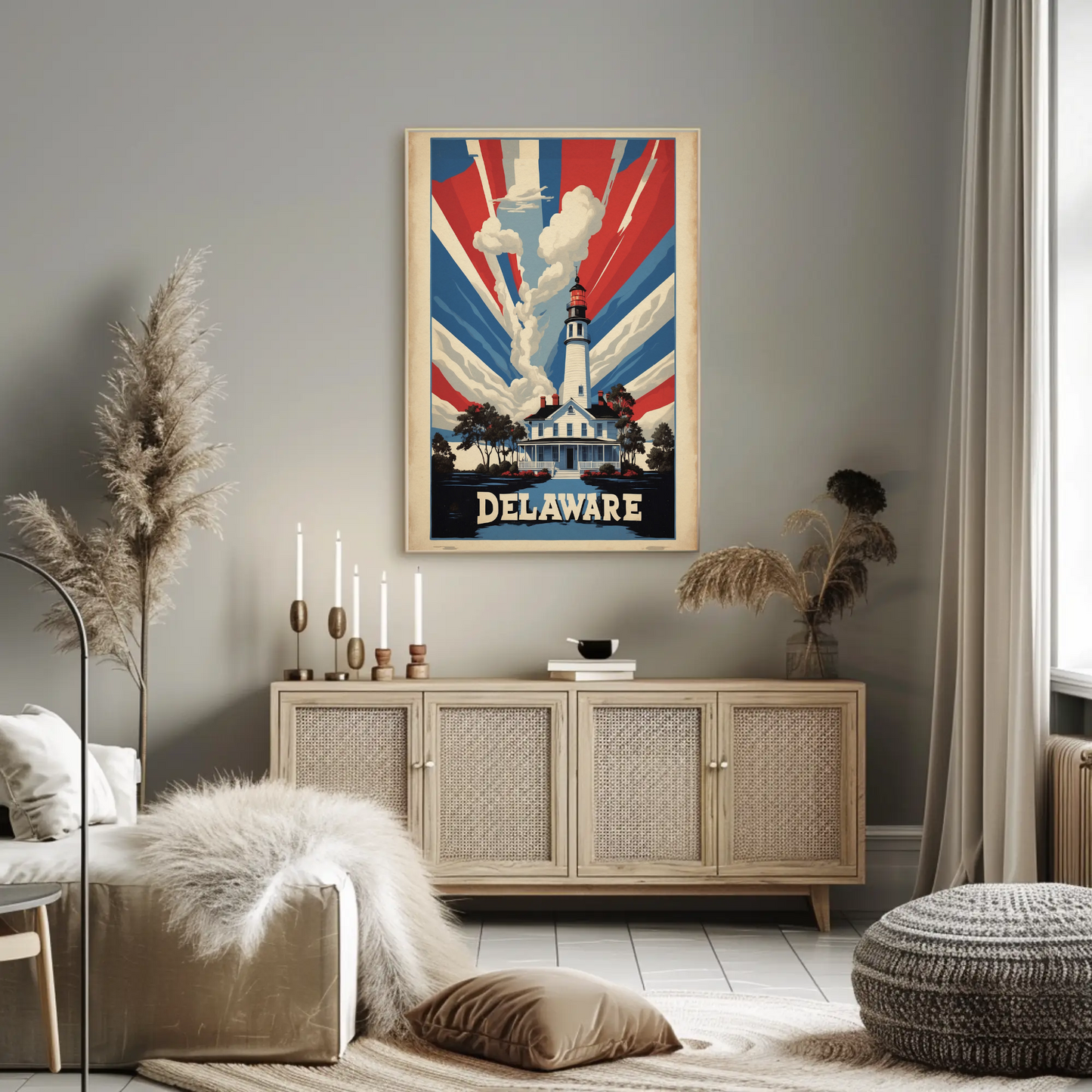 Delaware Lighthouse Patriotic Rays Vintage Travel Poster