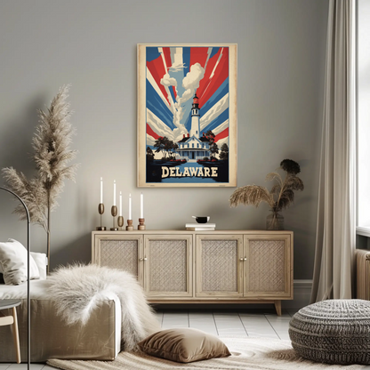 Delaware Lighthouse Patriotic Rays Vintage Travel Poster