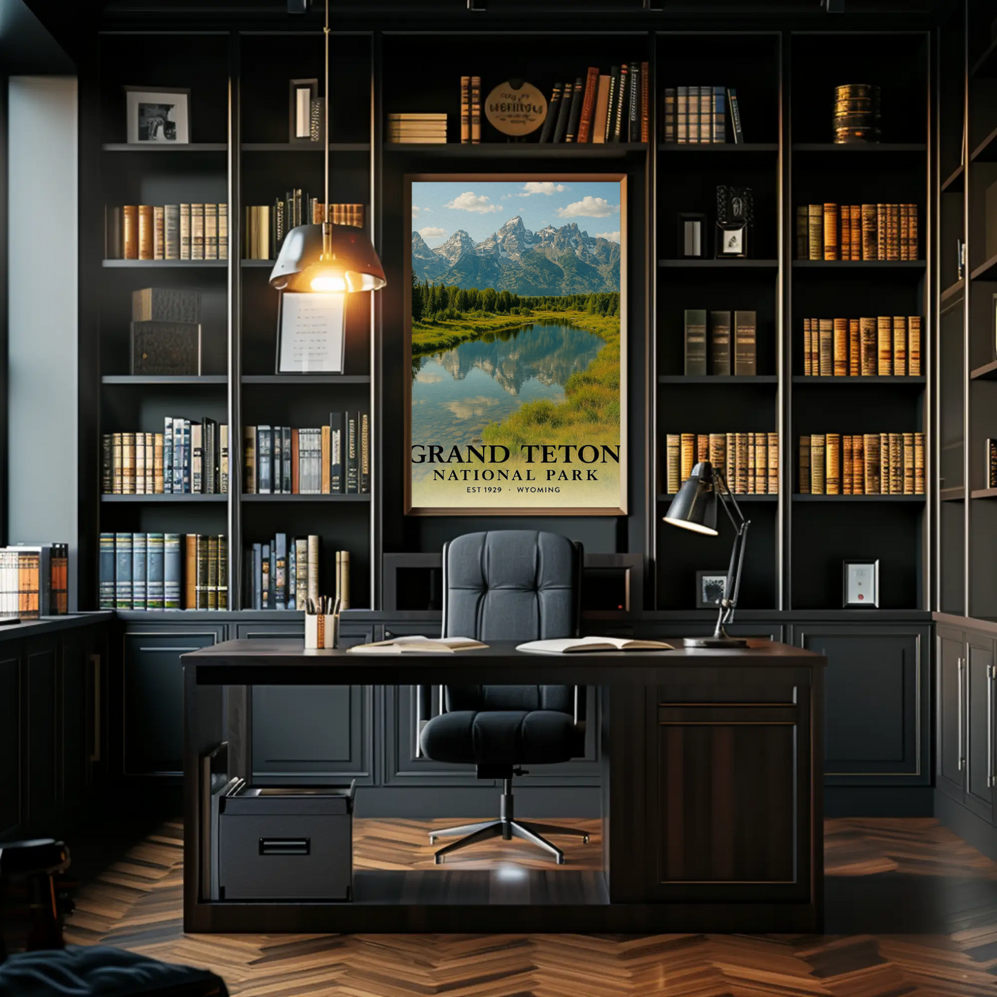 Wyoming Grand Teton Sunset Reflection Scenic Travel Poster